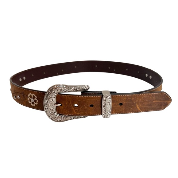 Ariat Womens Floral Stitch Berry Concho Distressed Leather Belt - Picture 4 of 16